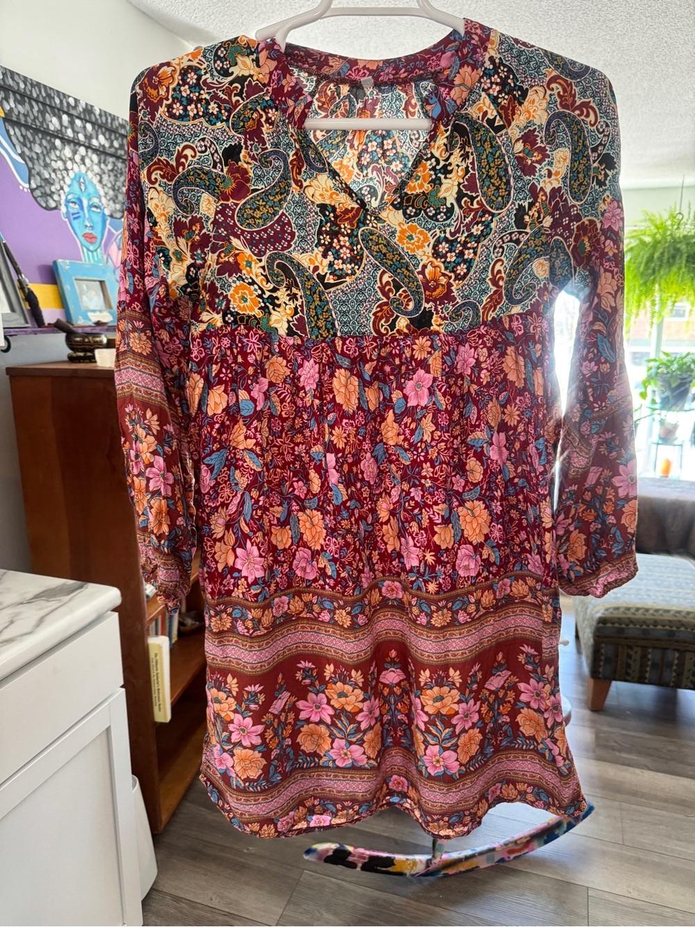 Boho Floral Paisley V-Neck Tunic Dress size Medium - Picture 2 of 9